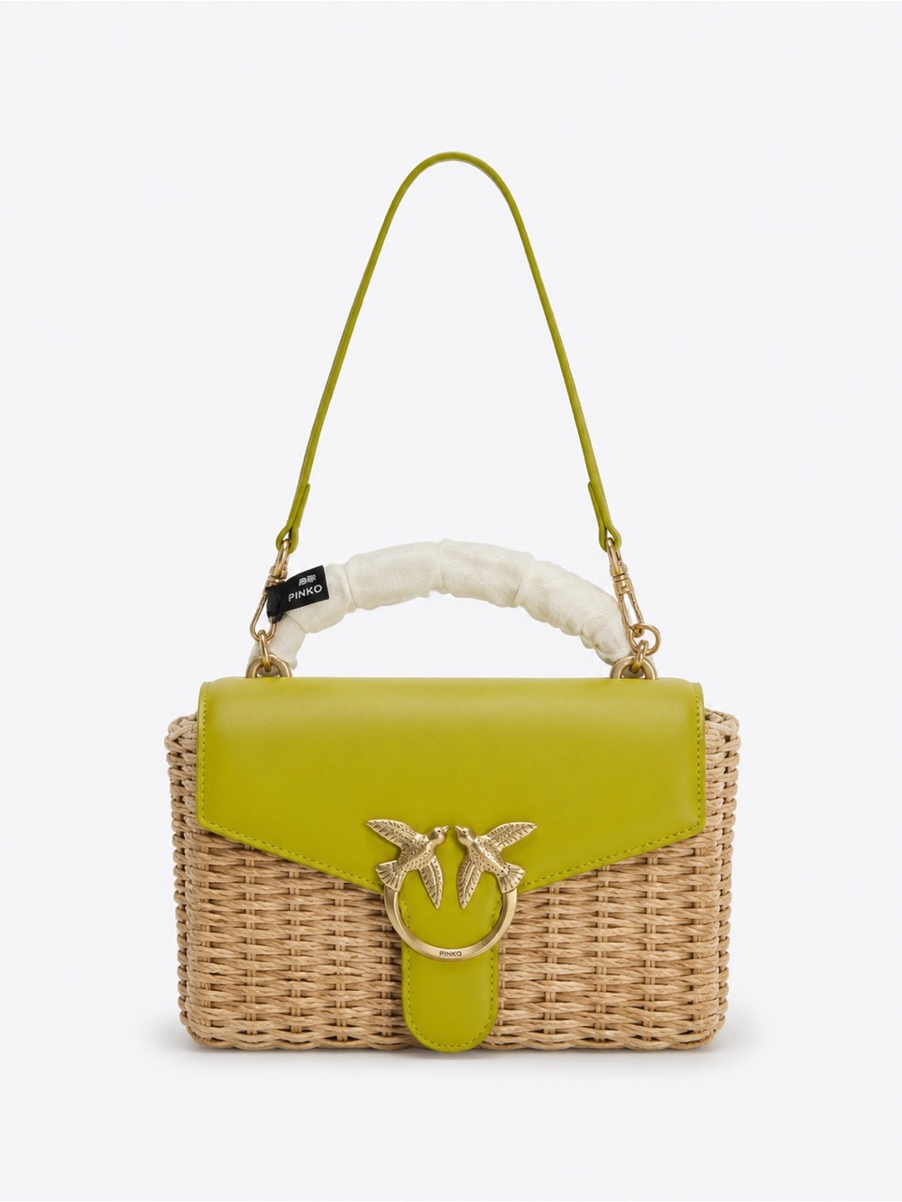 Pinko Lime Green Leather & Woven Shoulder Bag